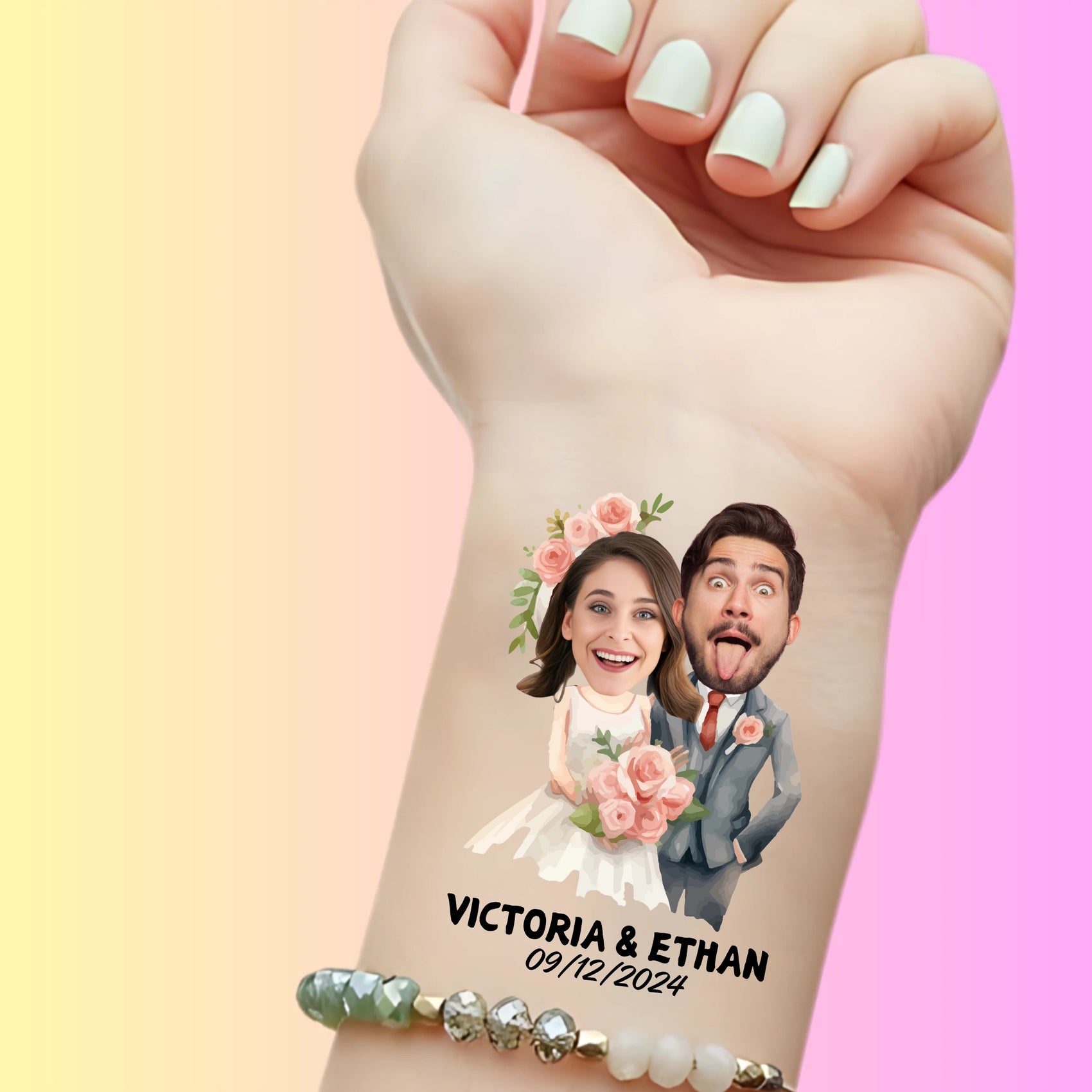 Custom temporary tattoo of bride and groom caricature with flowers, personalized party favor for wedding with names Victoria & Ethan and date 09/12/2024