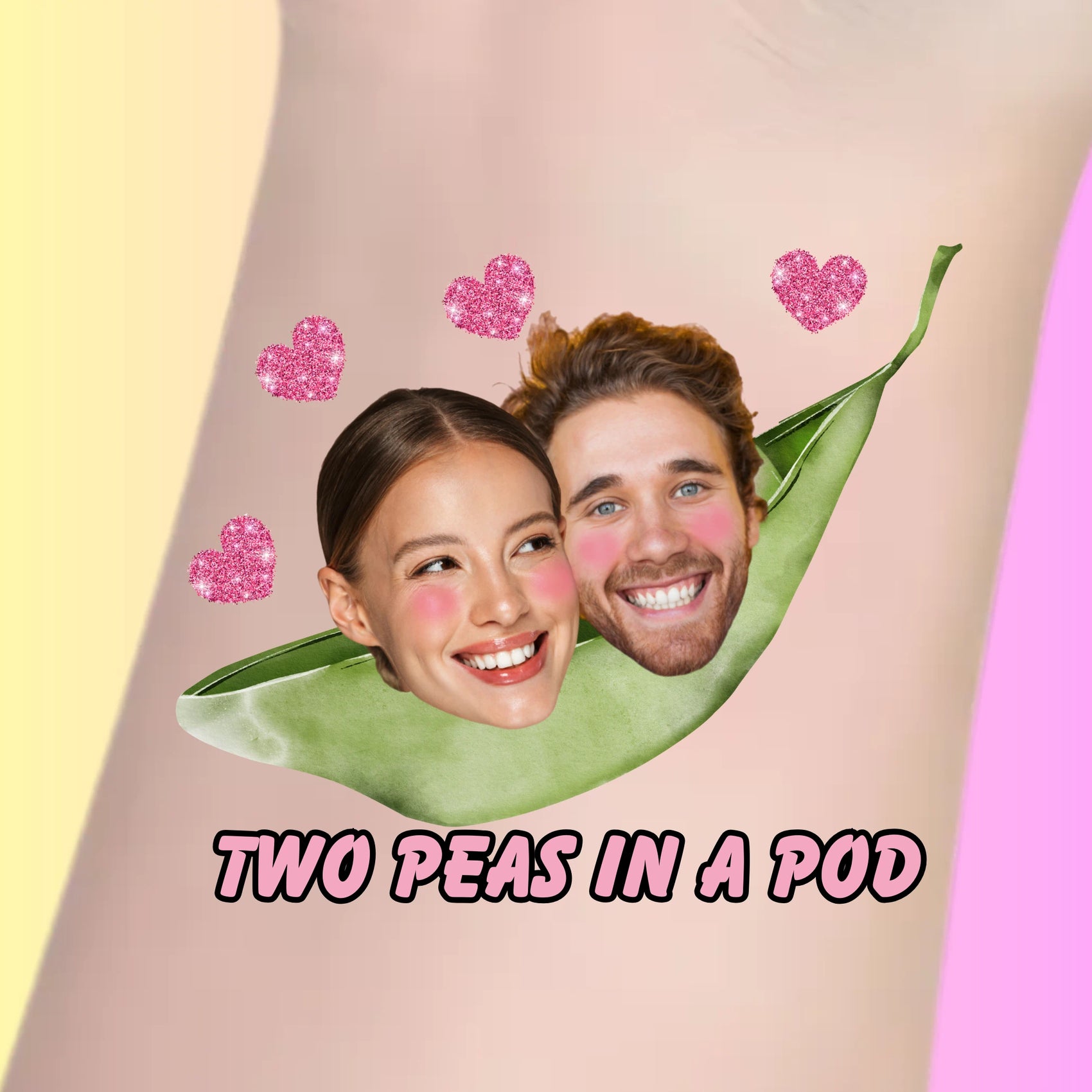 Custom temporary tattoo design with smiling couple faces in green pea pod and pink hearts, personalized party favor