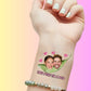 Custom temporary tattoo of smiling couple faces in pea pod with pink hearts, text 'Two Peas in a Pod', personalized party favor for weddings or birthdays