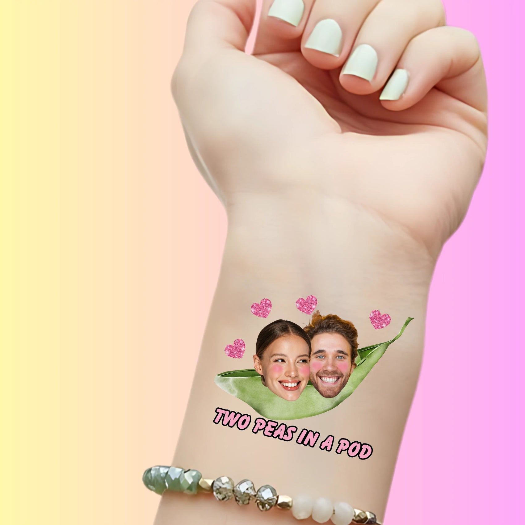 Custom temporary tattoo of smiling couple faces in pea pod with pink hearts, text 'Two Peas in a Pod', personalized party favor for weddings or birthdays