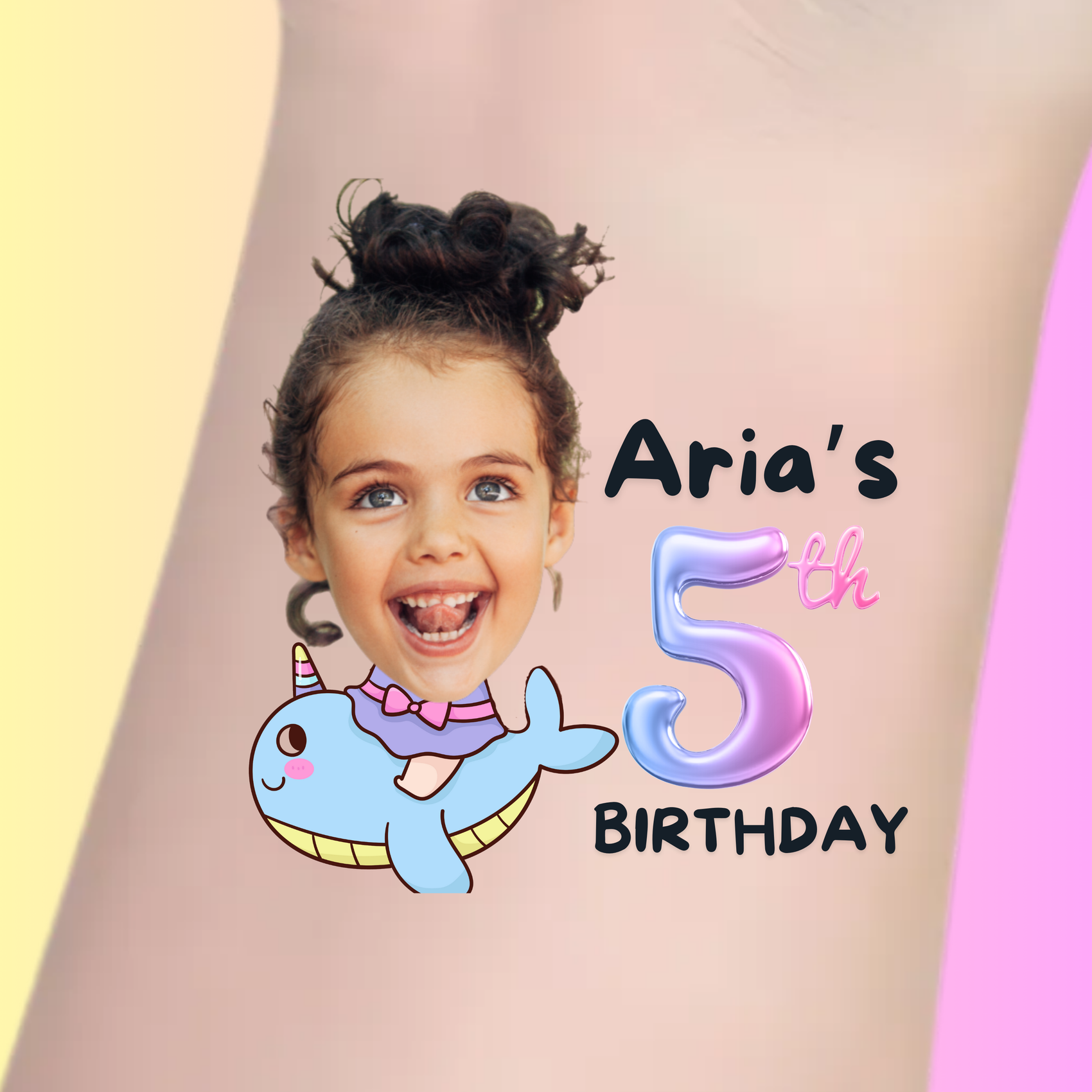 Custom Kids Birthday Tattoos - Magical Narwhal Rider