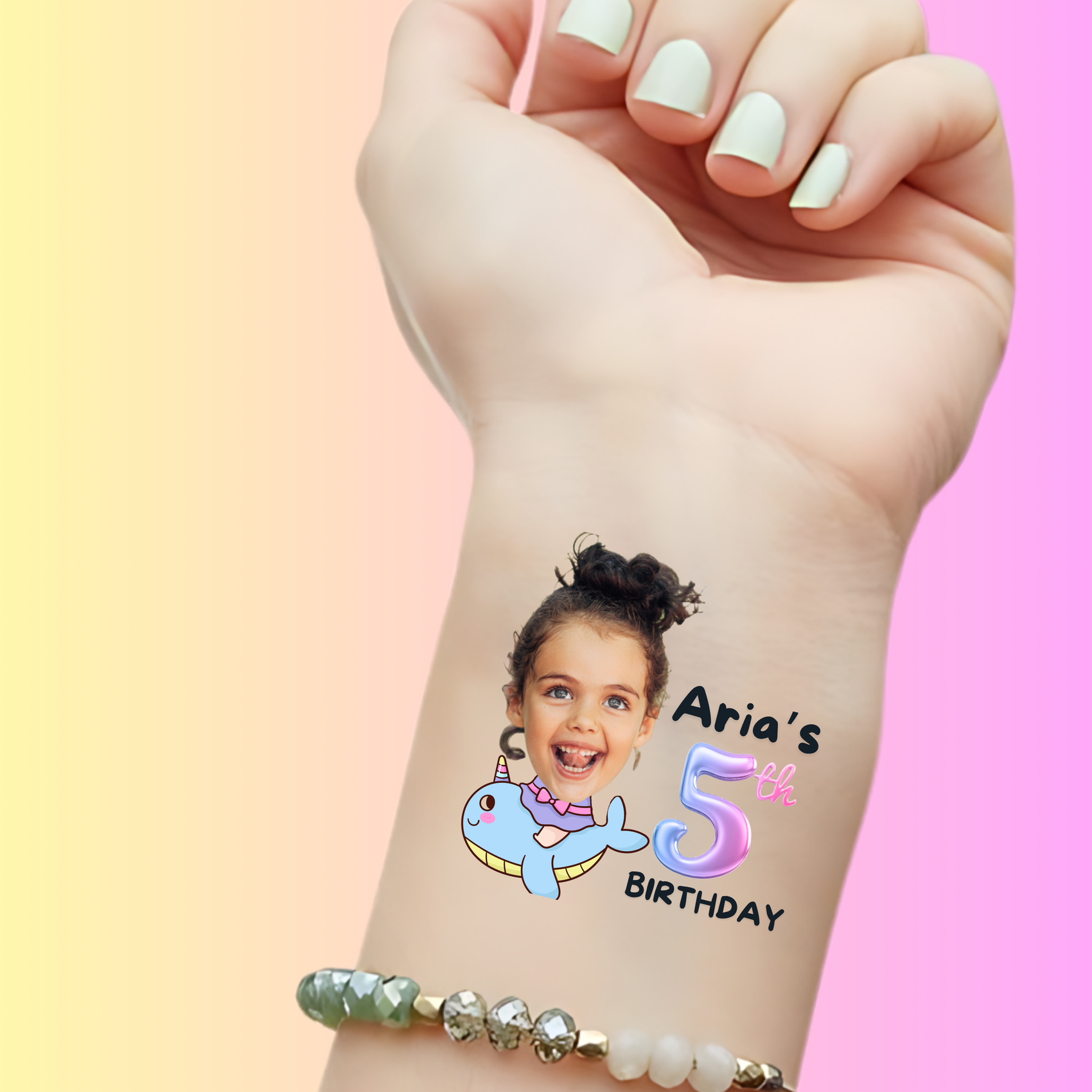 Custom Kids Birthday Tattoos - Magical Narwhal Rider