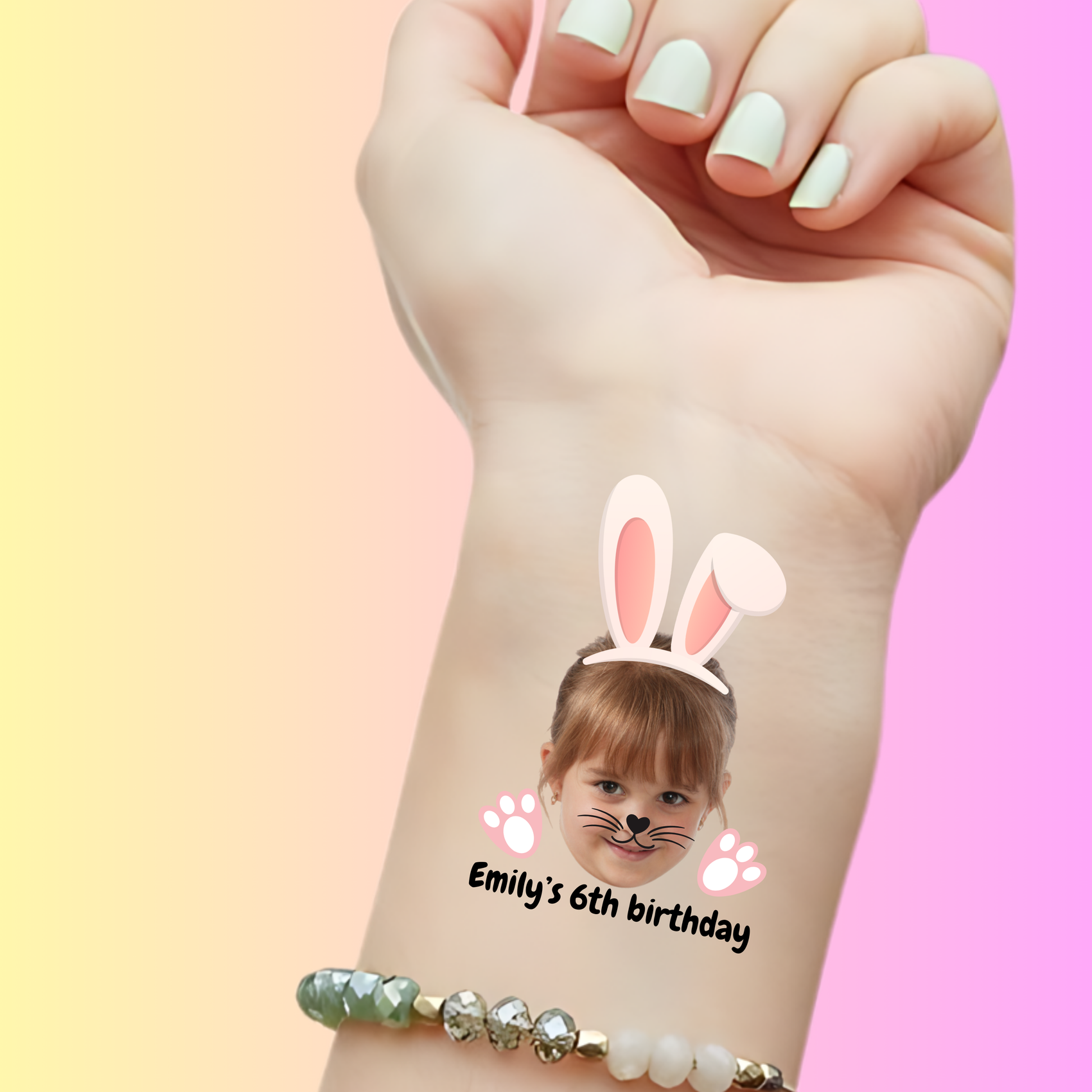 Custom Kids Birthday Tattoos - Pink Bunny Ears