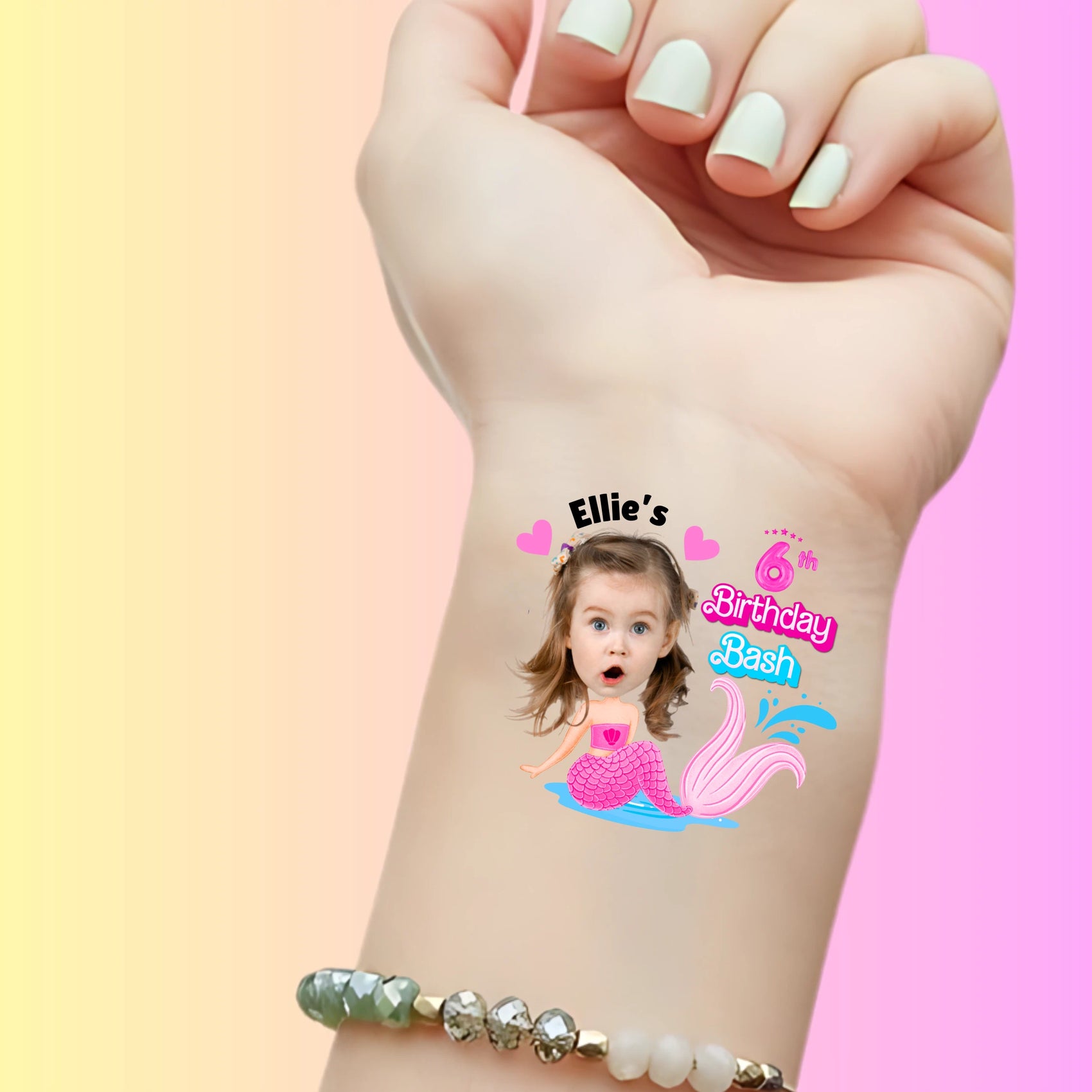 Custom Kids Birthday Tattoos - Pink Mermaid Splash