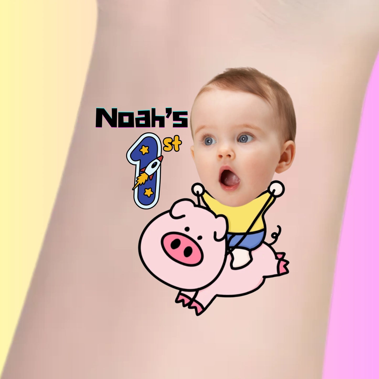 Custom Kids Birthday Tattoos - Pink Piggy Rider