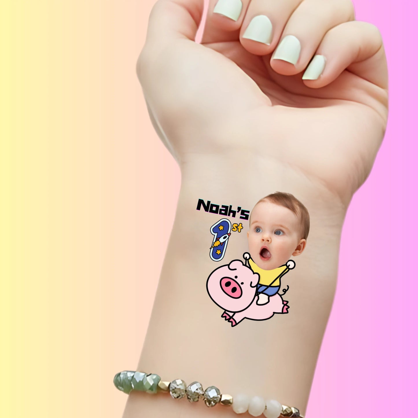 Custom Kids Birthday Tattoos - Pink Piggy Rider