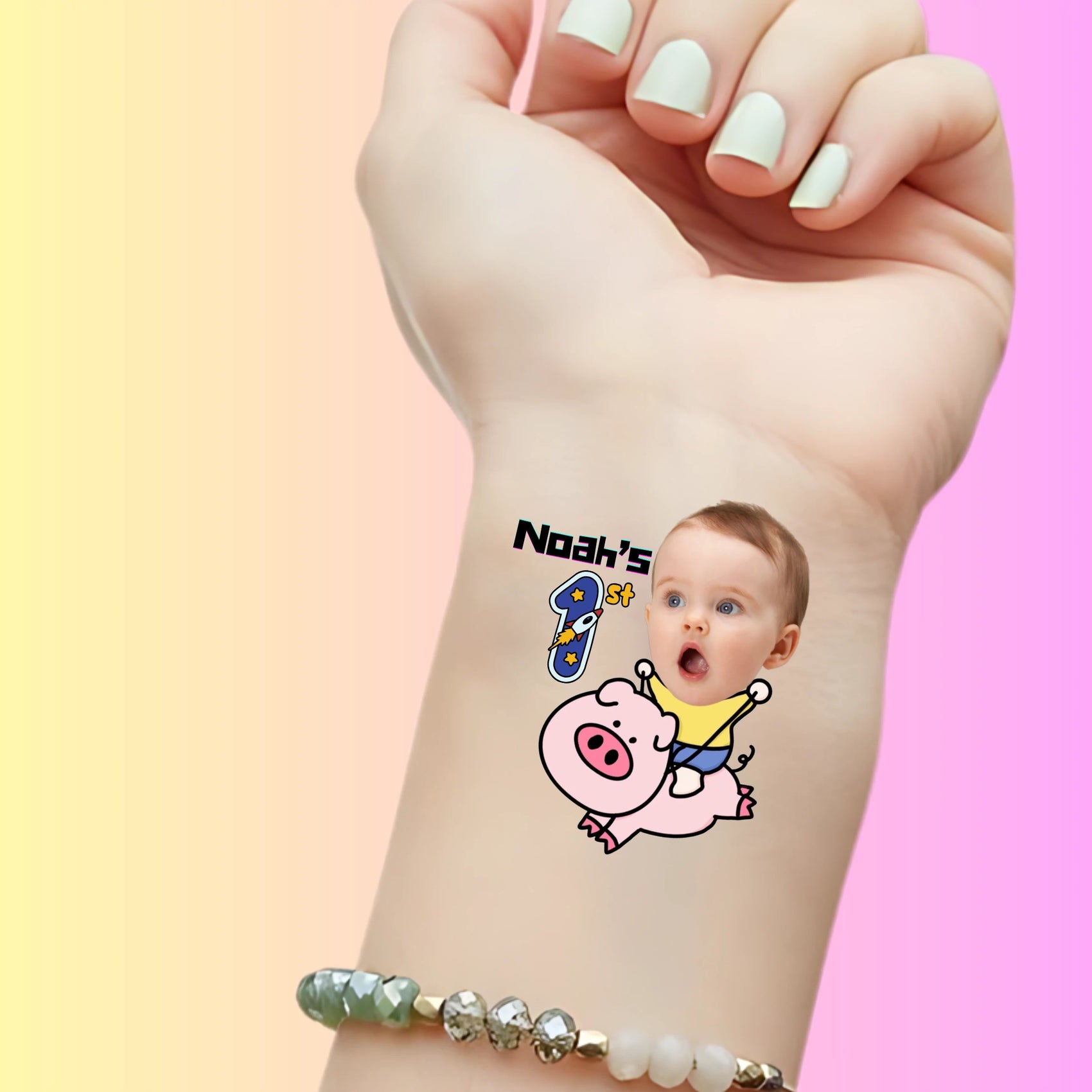 Custom Kids Birthday Tattoos - Pink Piggy Rider