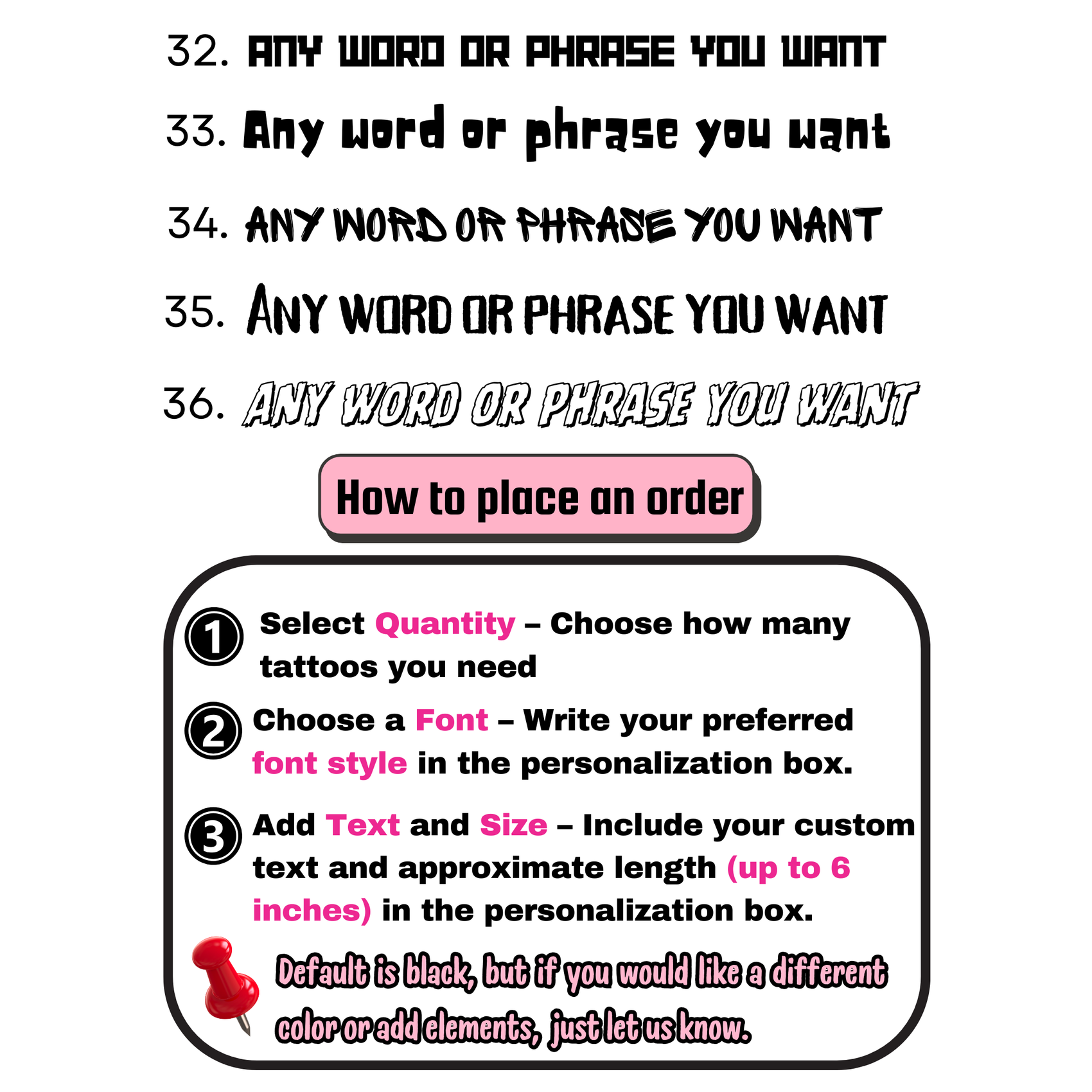 Custom Text Temporary Tattoos - Personalized Script & Font