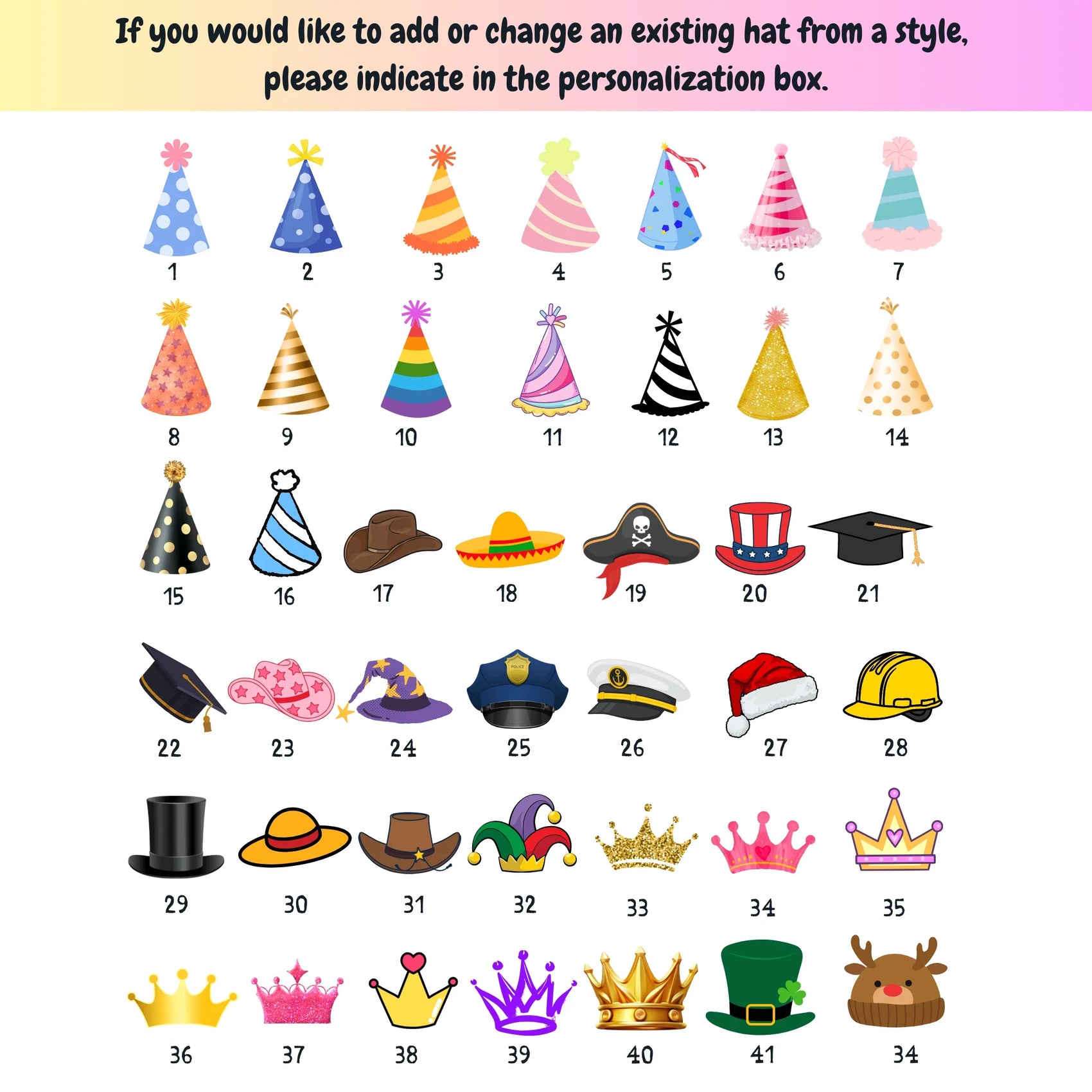 Custom temporary tattoo design featuring 42 colorful party and theme hats for personalized birthday and wedding favors