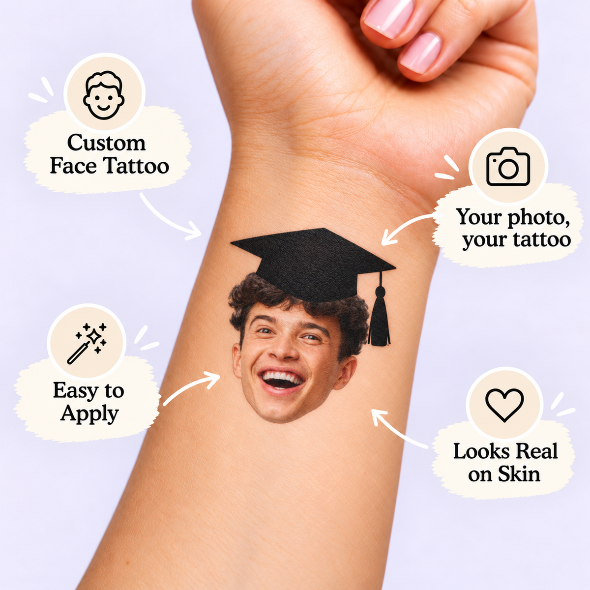 Classic Graduation Cap temporary tattoo personalization guide: custom face tattoo; your photo, your tattoo. Easy to apply.