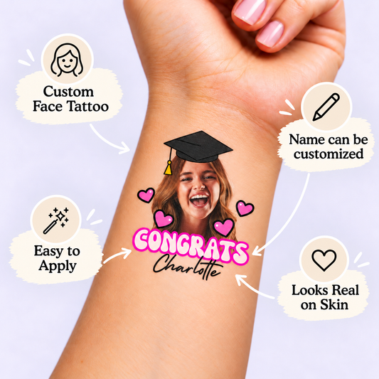 Pink Hearts Congrats temporary tattoo personalization guide: custom face tattoo; name can be customized. Easy to apply.