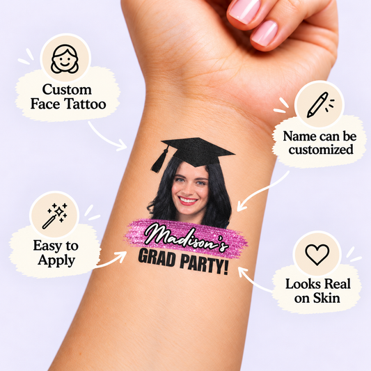 Pink Brushstroke Grad Party temporary tattoo personalization guide: custom face tattoo; name can be customized. Easy to apply.
