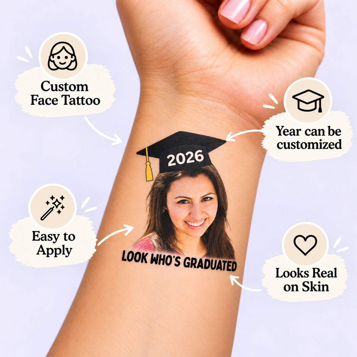 Look Who’s Graduated Year Cap temporary tattoo personalization guide: custom face tattoo; year can be customized. Easy to apply.