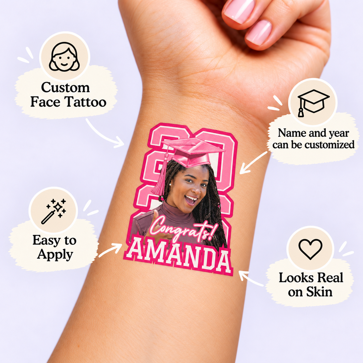 Pink Varsity Year temporary tattoo personalization guide: custom face tattoo; name and year can be customized. Easy to apply.