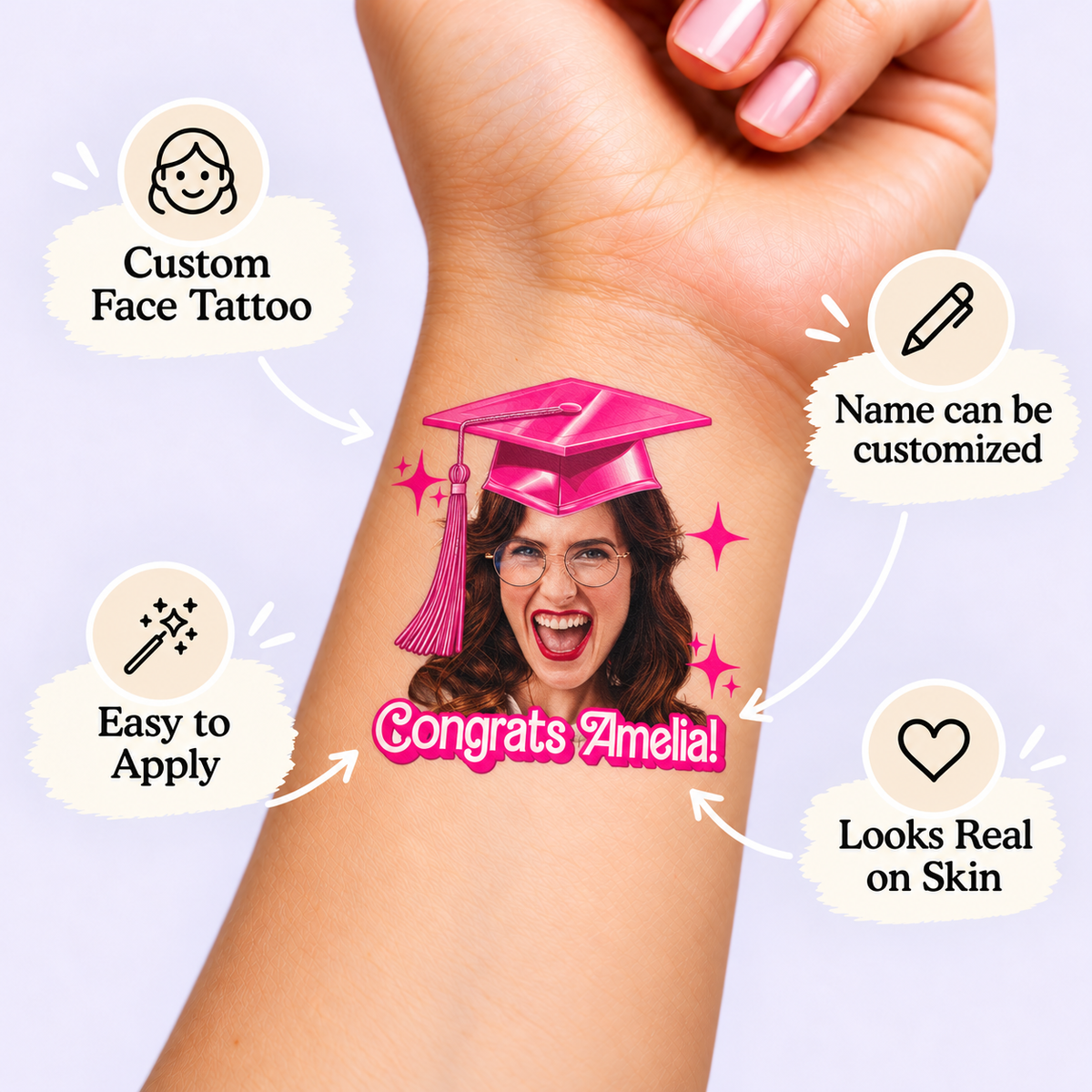 Pink Cap & Sparkles temporary tattoo personalization guide: custom face tattoo; name can be customized. Easy to apply.