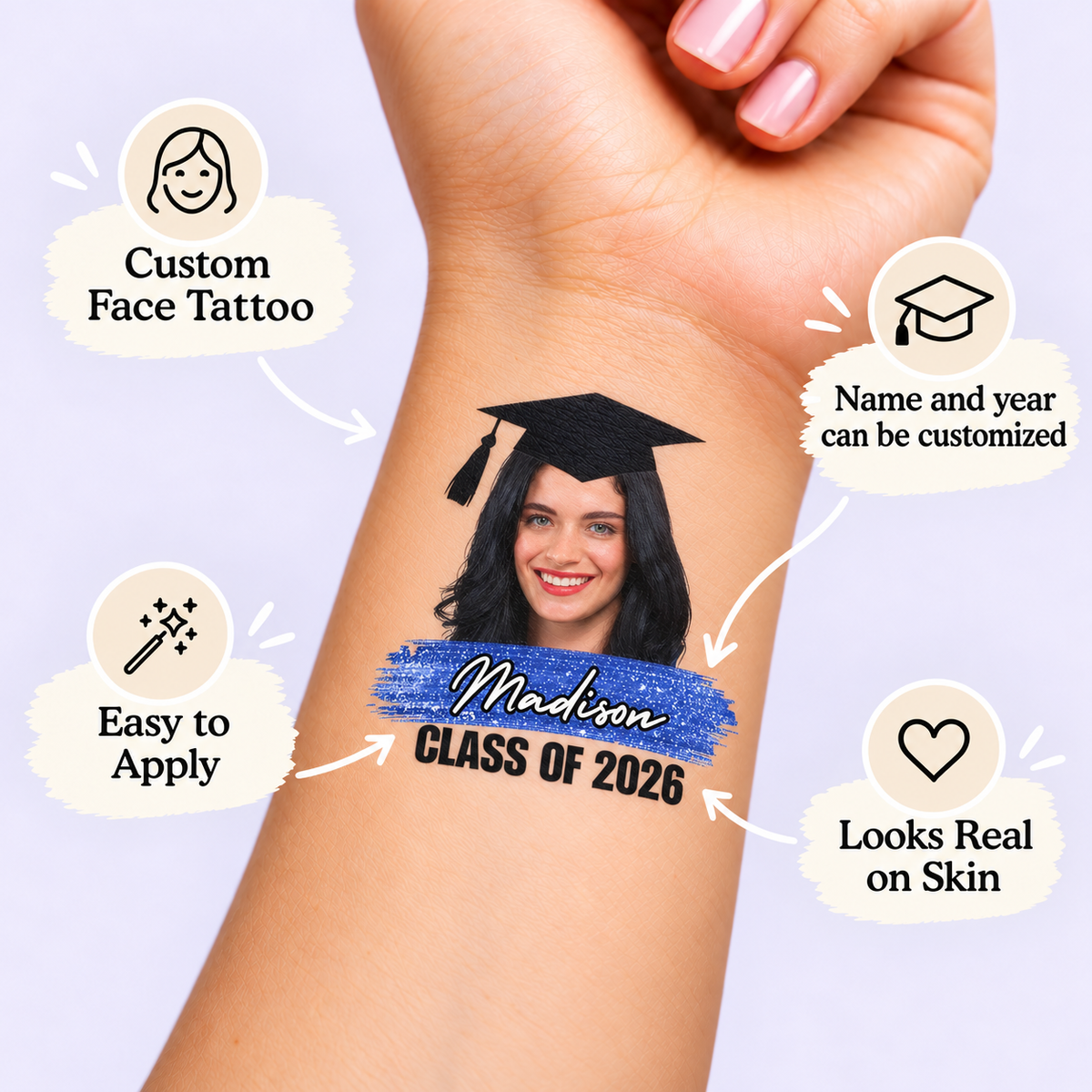 Blue Brushstroke Class of temporary tattoo personalization guide: custom face tattoo; name and year can be customized. Easy to apply.