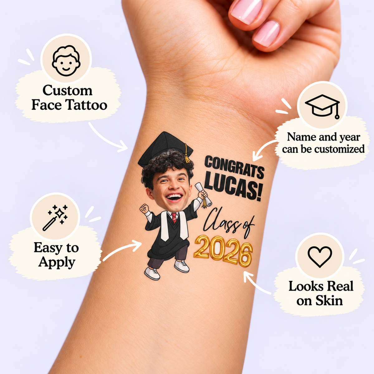Black Gown Diploma temporary tattoo personalization guide: custom face tattoo; name and year can be customized. Easy to apply.