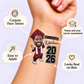 Burgundy Gown Graduate temporary tattoo personalization guide: custom face tattoo; name and year can be customized. Easy to apply.