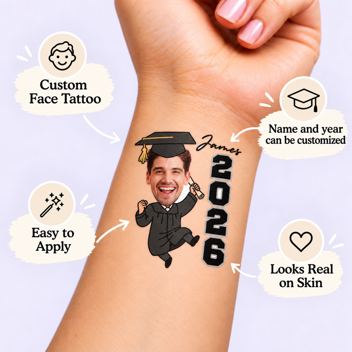 Jumping Graduate Vertical Year temporary tattoo personalization guide: custom face tattoo; name and year can be customized. Easy to apply.