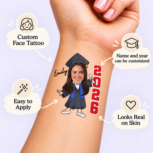 Navy Gown Vertical Year temporary tattoo personalization guide: custom face tattoo; name and year can be customized. Easy to apply.