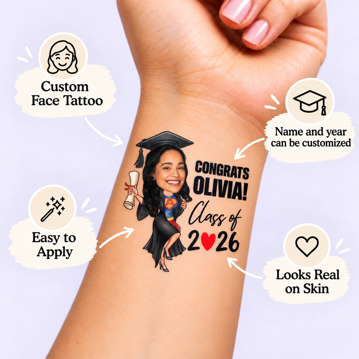 Congrats Graduate Heart Year temporary tattoo personalization guide: custom face tattoo; name and year can be customized. Easy to apply.