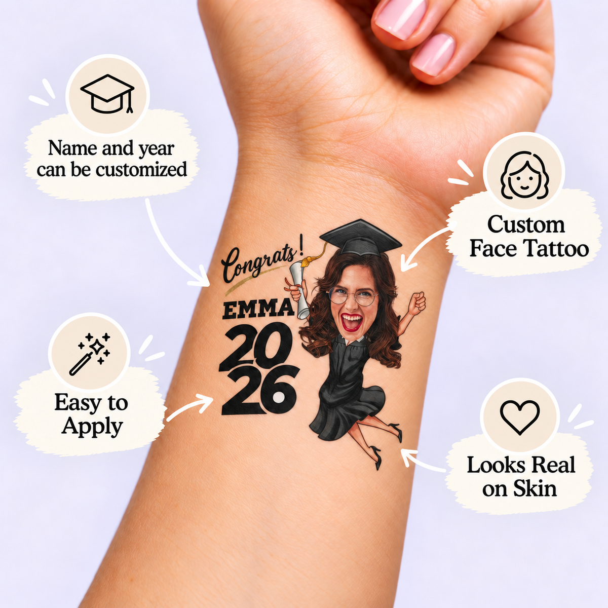 Jumping Graduate Bold Year temporary tattoo personalization guide: custom face tattoo; name and year can be customized. Easy to apply.