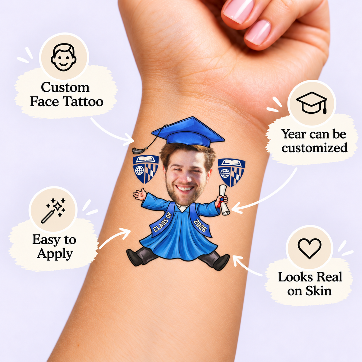 School Spirit Blue Gown temporary tattoo personalization guide: custom face tattoo; year can be customized. Easy to apply.