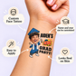Comic Grad Party temporary tattoo personalization guide: custom face tattoo; name and year can be customized. Easy to apply.