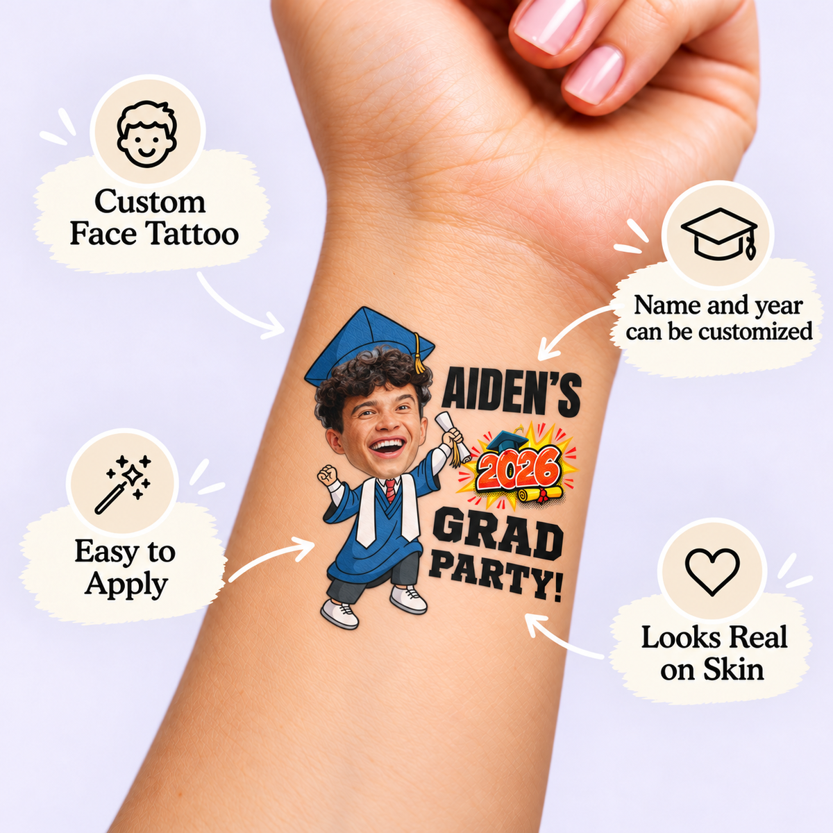 Comic Grad Party temporary tattoo personalization guide: custom face tattoo; name and year can be customized. Easy to apply.
