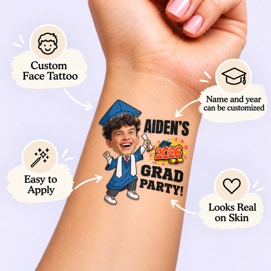 Comic Grad Party temporary tattoo personalization guide: custom face tattoo; name and year can be customized. Easy to apply.
