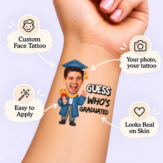 Guess Who’s Graduated Trophy temporary tattoo personalization guide: custom face tattoo; your photo, your tattoo. Easy to apply.