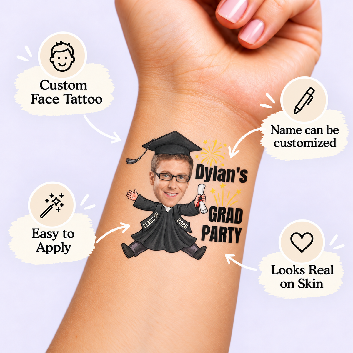 Jumping Graduate Party temporary tattoo personalization guide: custom face tattoo; name can be customized. Easy to apply.