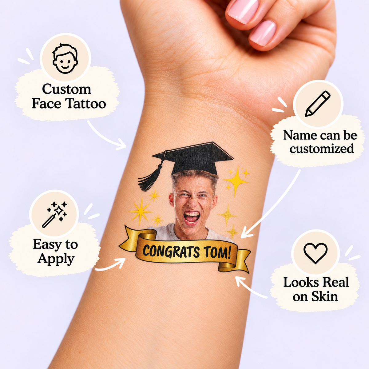 Gold Ribbon Congrats temporary tattoo personalization guide: custom face tattoo; name can be customized. Easy to apply.
