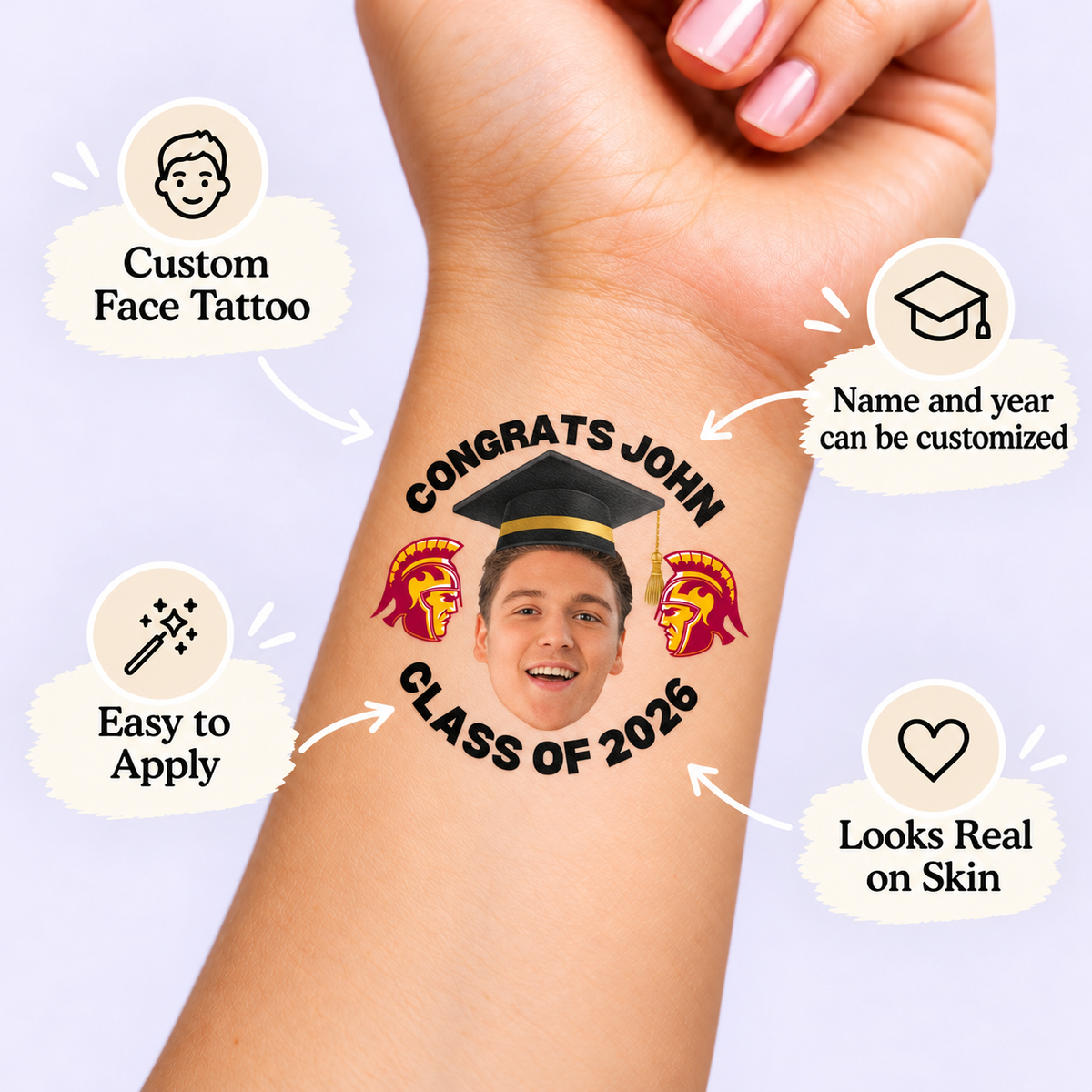 School Mascot Graduate temporary tattoo personalization guide: custom face tattoo; name and year can be customized. Easy to apply.