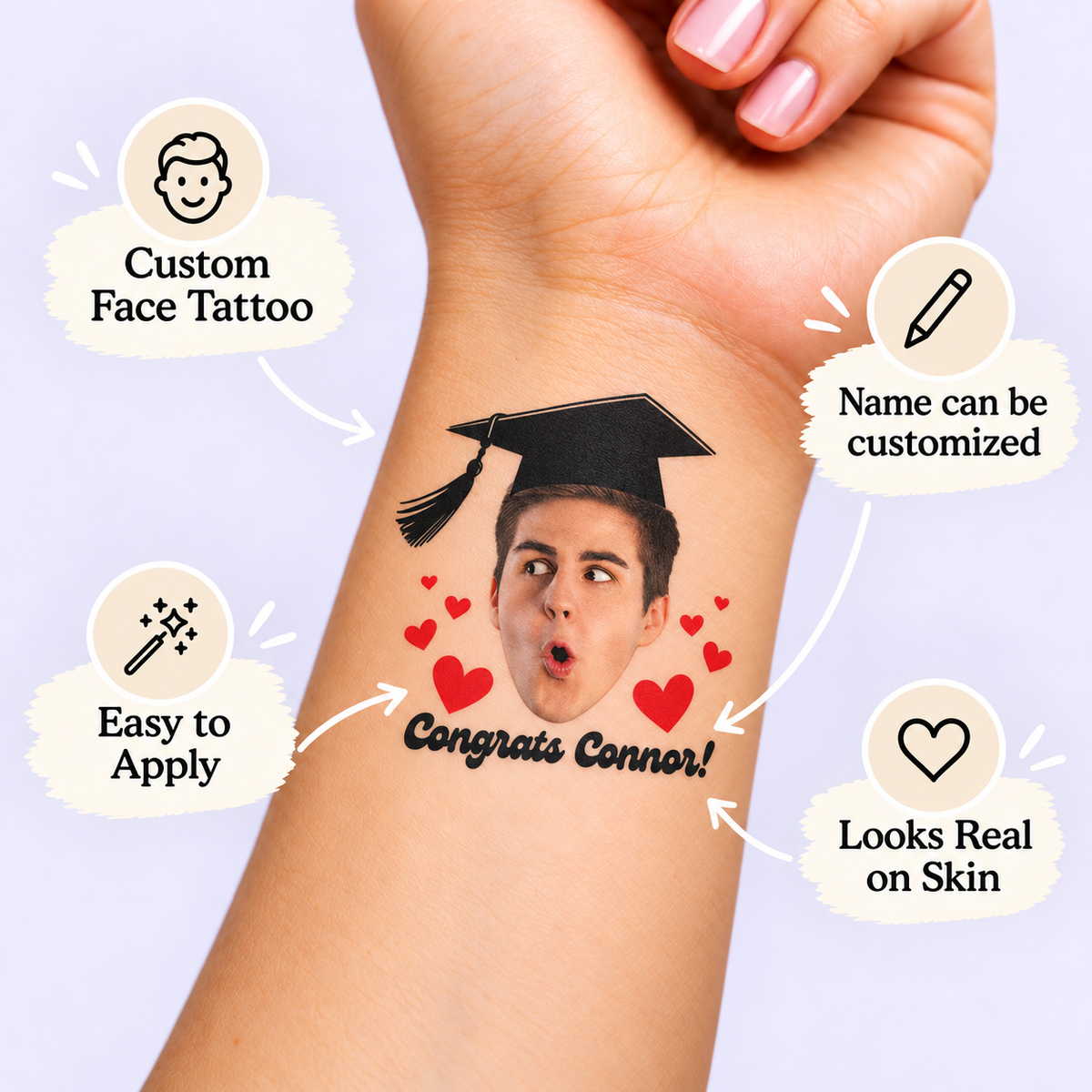 Red Hearts Congrats temporary tattoo personalization guide: custom face tattoo; name can be customized. Easy to apply.