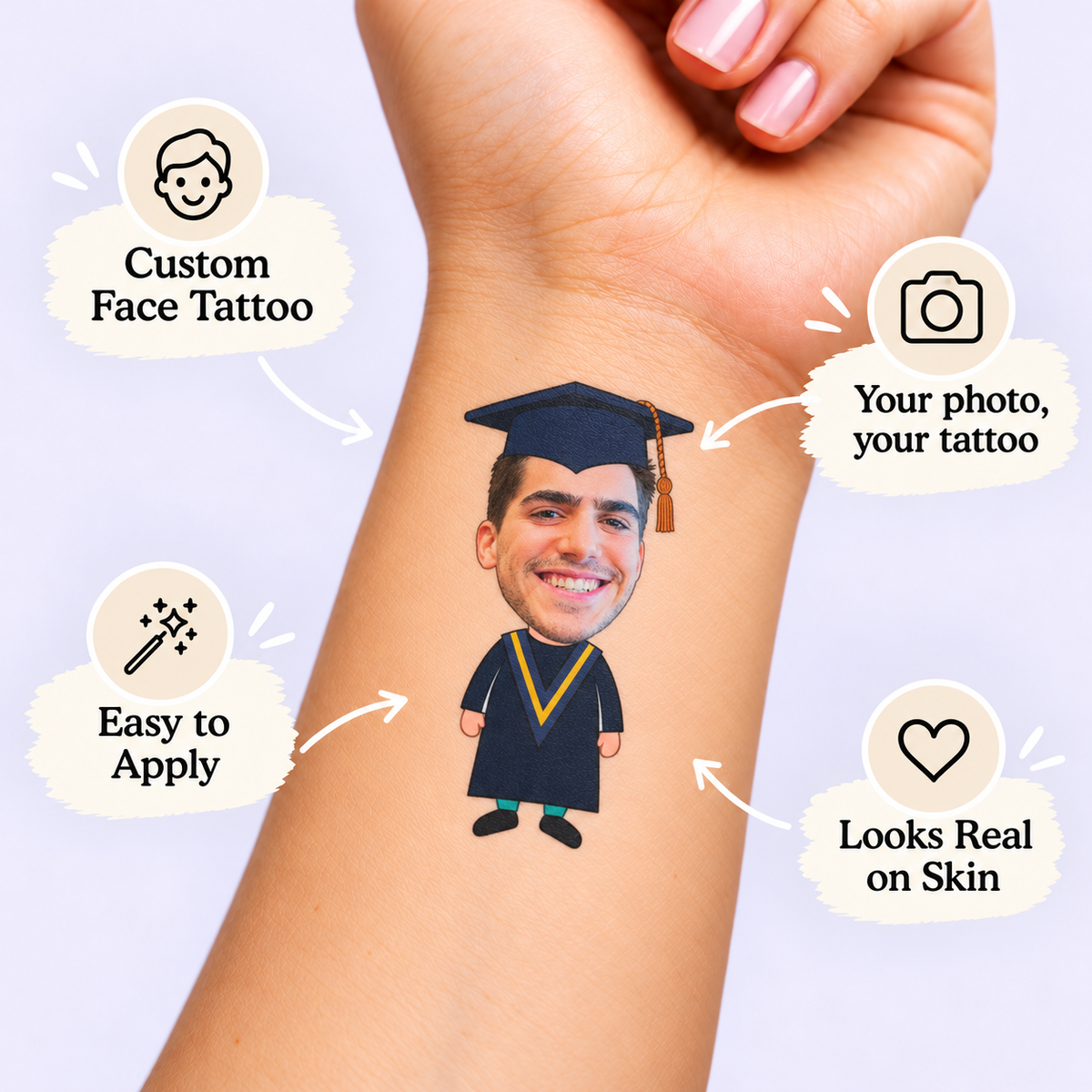 Classic Gown Portrait temporary tattoo personalization guide: custom face tattoo; your photo, your tattoo. Easy to apply.