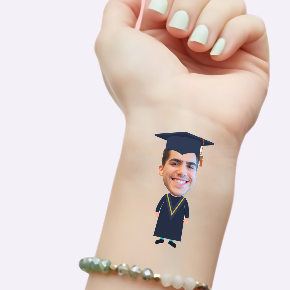 Classic Gown Portrait custom temporary tattoo design on a wrist, on a Whisper Lavender background.