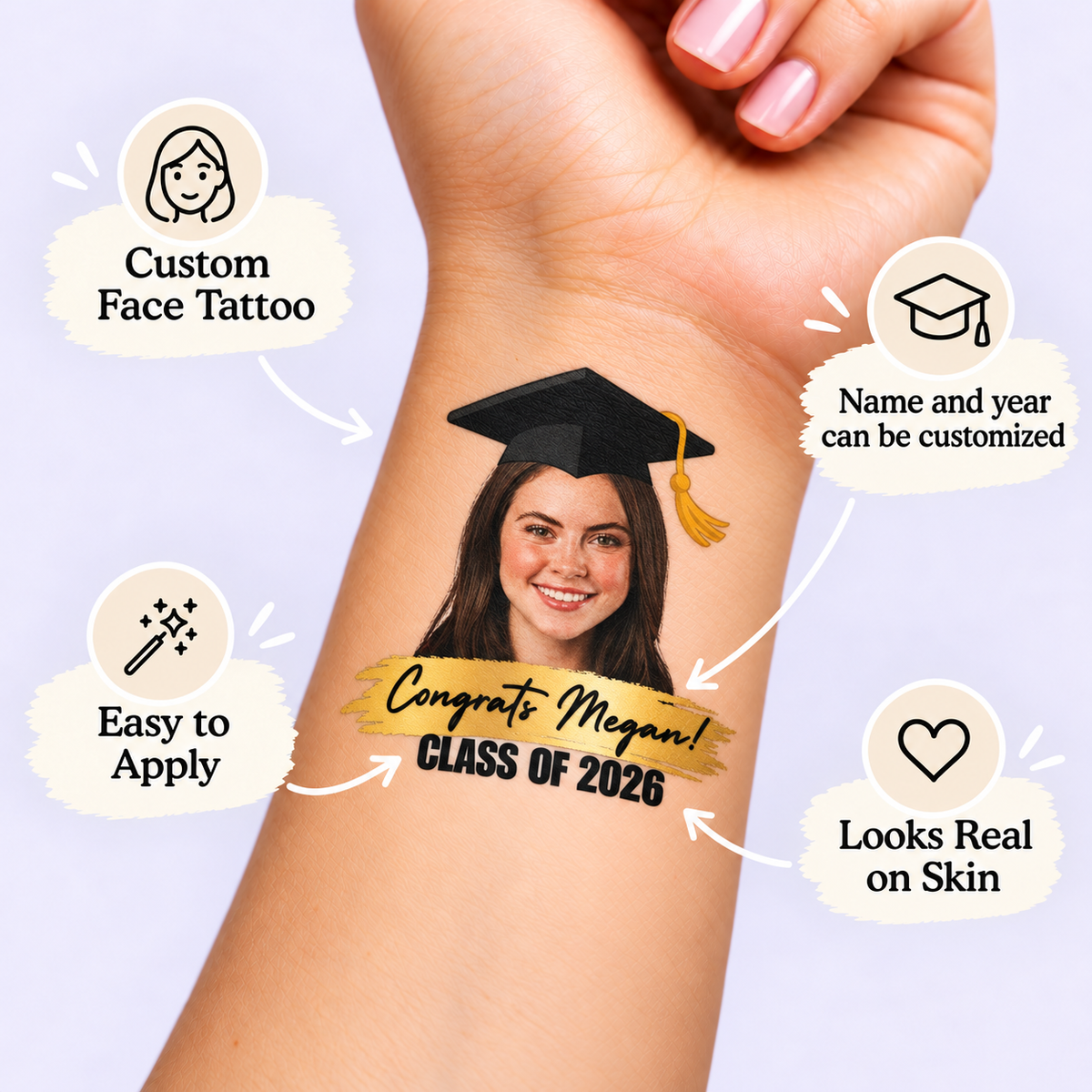 Gold Brushstroke Class of temporary tattoo personalization guide: custom face tattoo; name and year can be customized. Easy to apply.