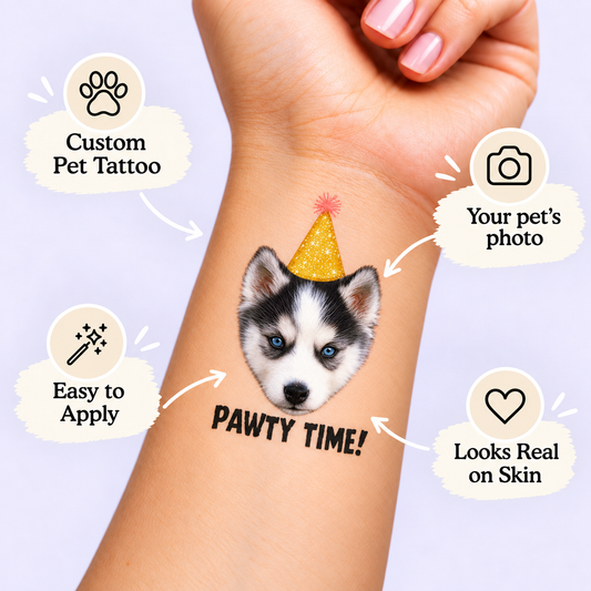 Pawty Time temporary tattoo personalization guide: custom pet tattoo; your pet's photo. Easy to apply.