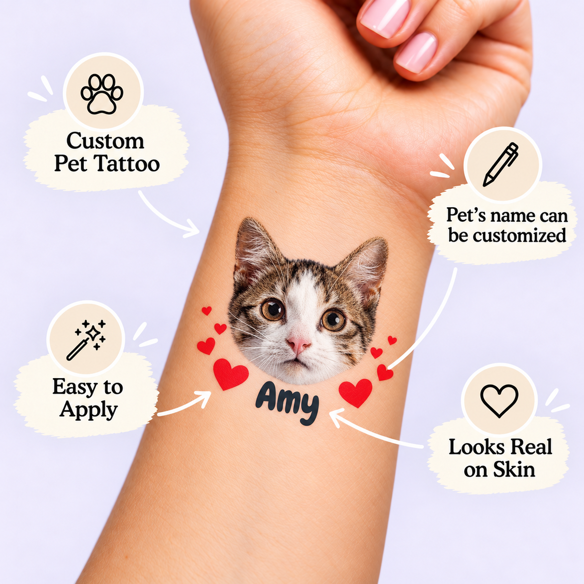 Cat Face & Red Hearts temporary tattoo personalization guide: custom pet tattoo; pet's name can be customized. Easy to apply.