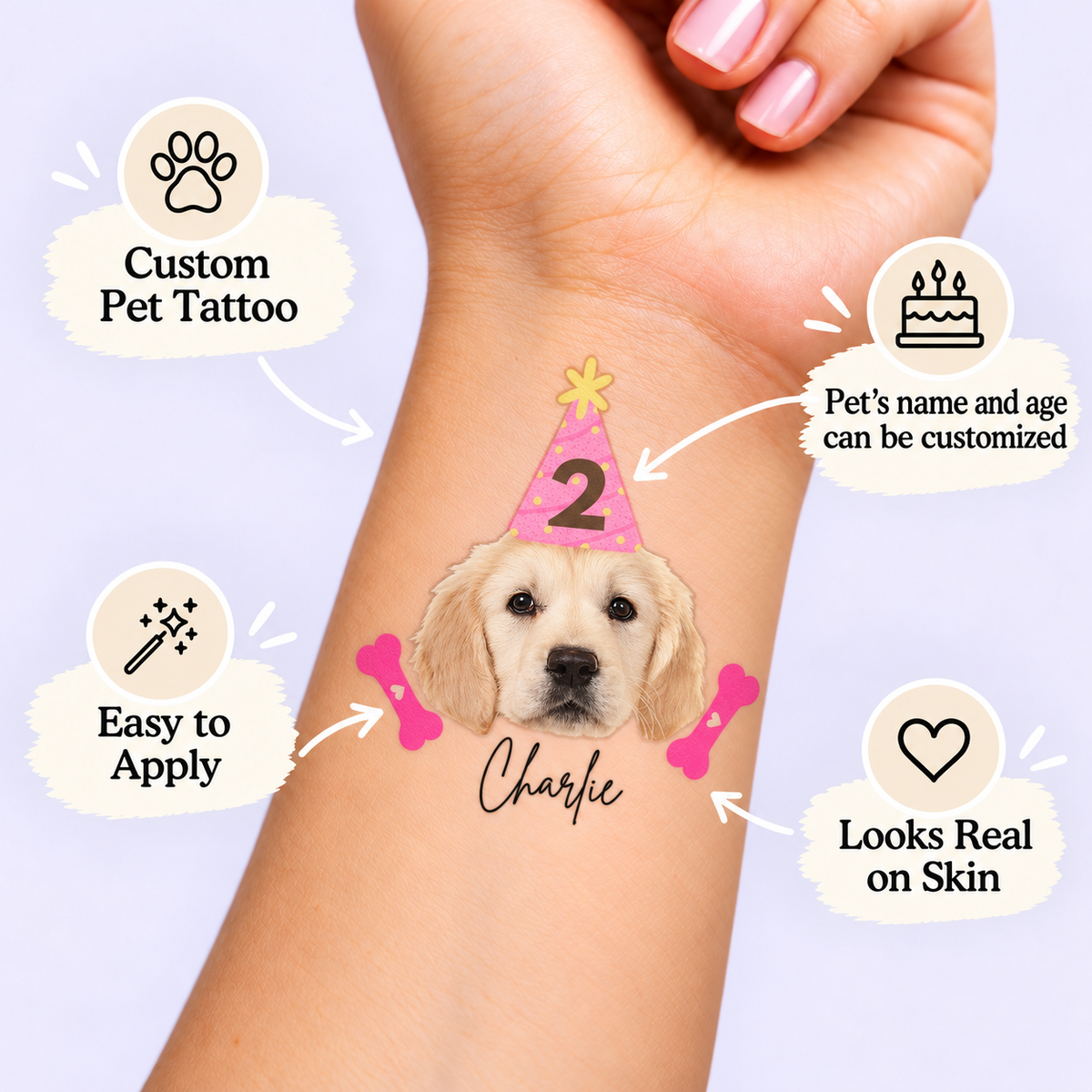 Pup-arazzi Party temporary tattoo personalization guide: custom pet tattoo; pet's name and age can be customized. Easy to apply.