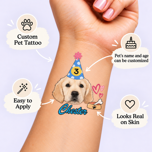 Fur-ever Party Portrait temporary tattoo personalization guide: custom pet tattoo; pet's name and age can be customized. Easy to apply.