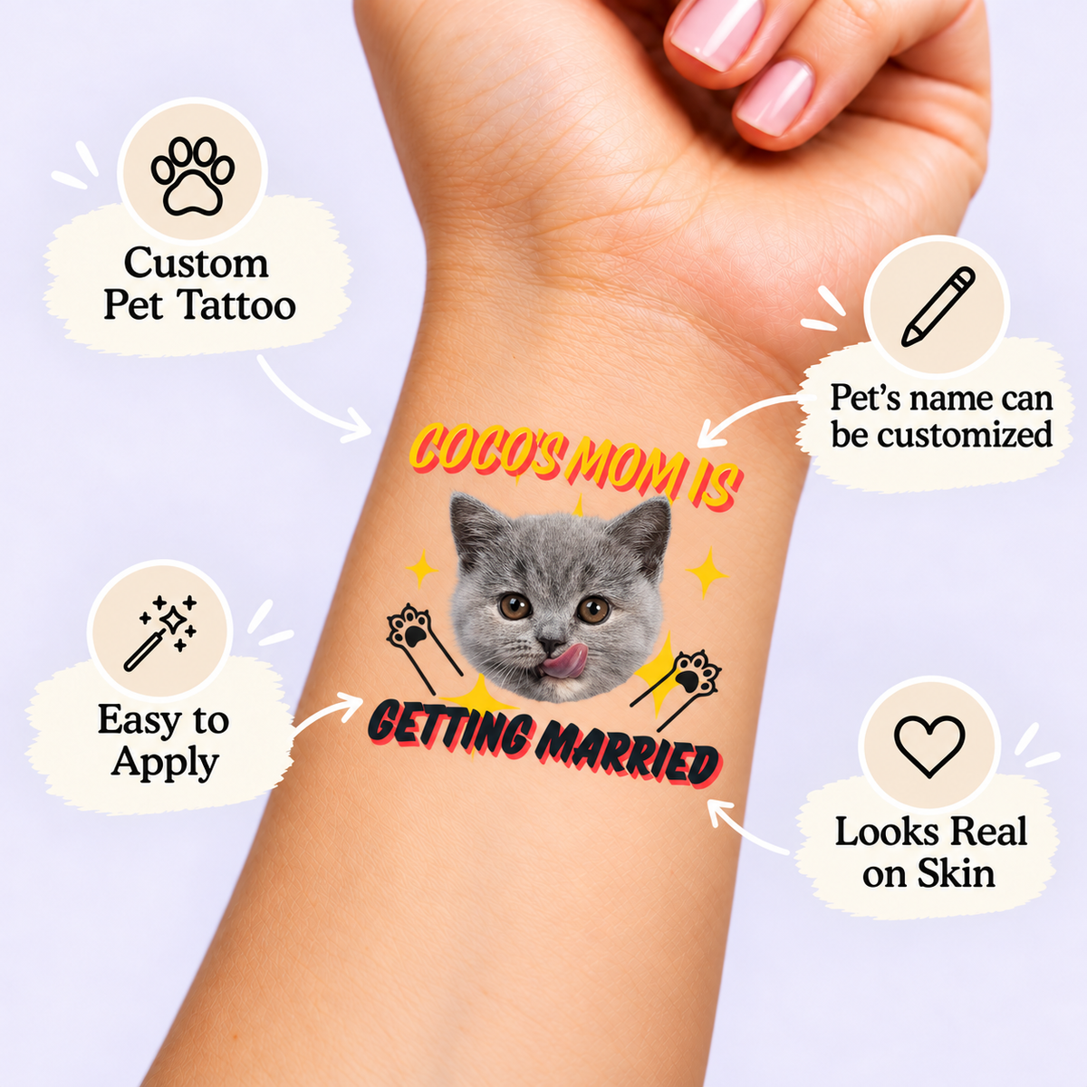 Mom Is Getting Married Pet Photo temporary tattoo personalization guide: custom pet tattoo; pet's name can be customized. Easy to apply.