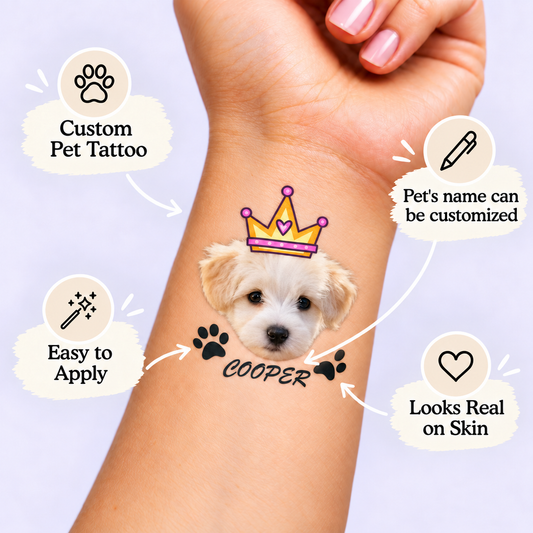 Pawsome Royal Portrait temporary tattoo personalization guide: custom pet tattoo; pet's name can be customized. Easy to apply.