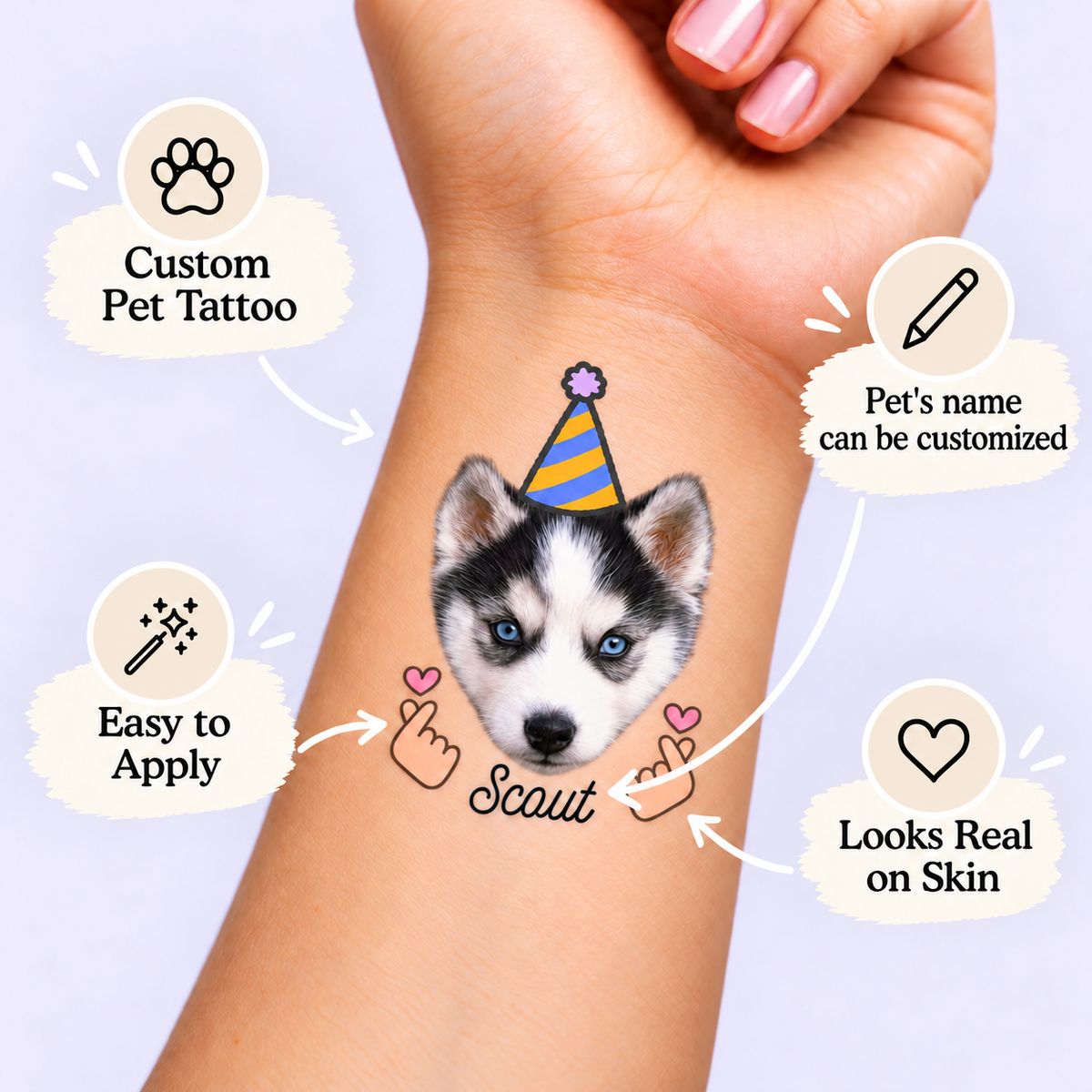 Pawsome Party temporary tattoo personalization guide: custom pet tattoo; pet's name can be customized. Easy to apply.