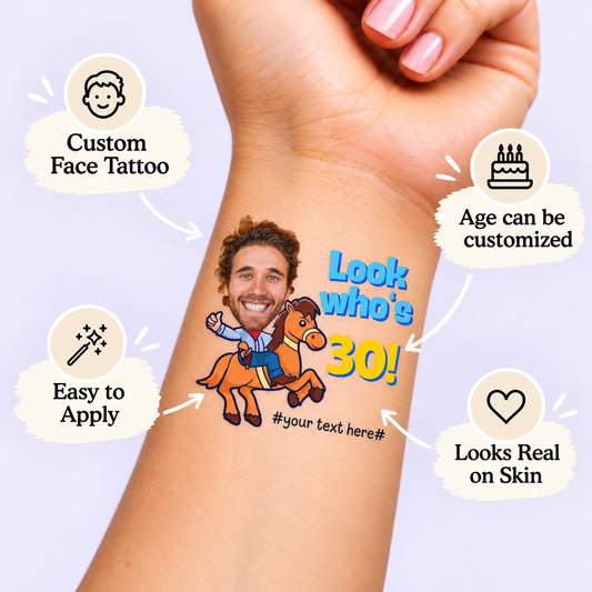 Horse Rider Birthday Party temporary tattoo personalization guide: custom face tattoo; age can be customized. Easy to apply.