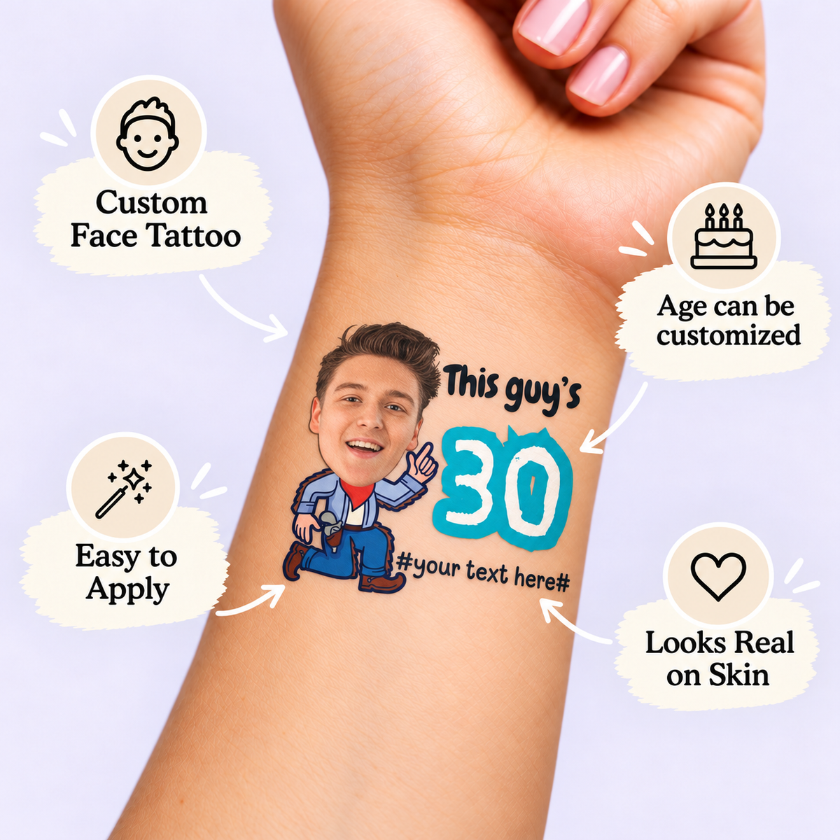 Funny Cowboy temporary tattoo personalization guide: custom face tattoo; age can be customized. Easy to apply.