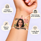 Rose Gold Champagne Celebration temporary tattoo personalization guide: custom face tattoo; name and age can be customized. Easy to apply.