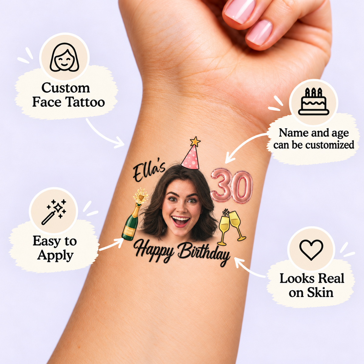 Rose Gold Champagne Celebration temporary tattoo personalization guide: custom face tattoo; name and age can be customized. Easy to apply.