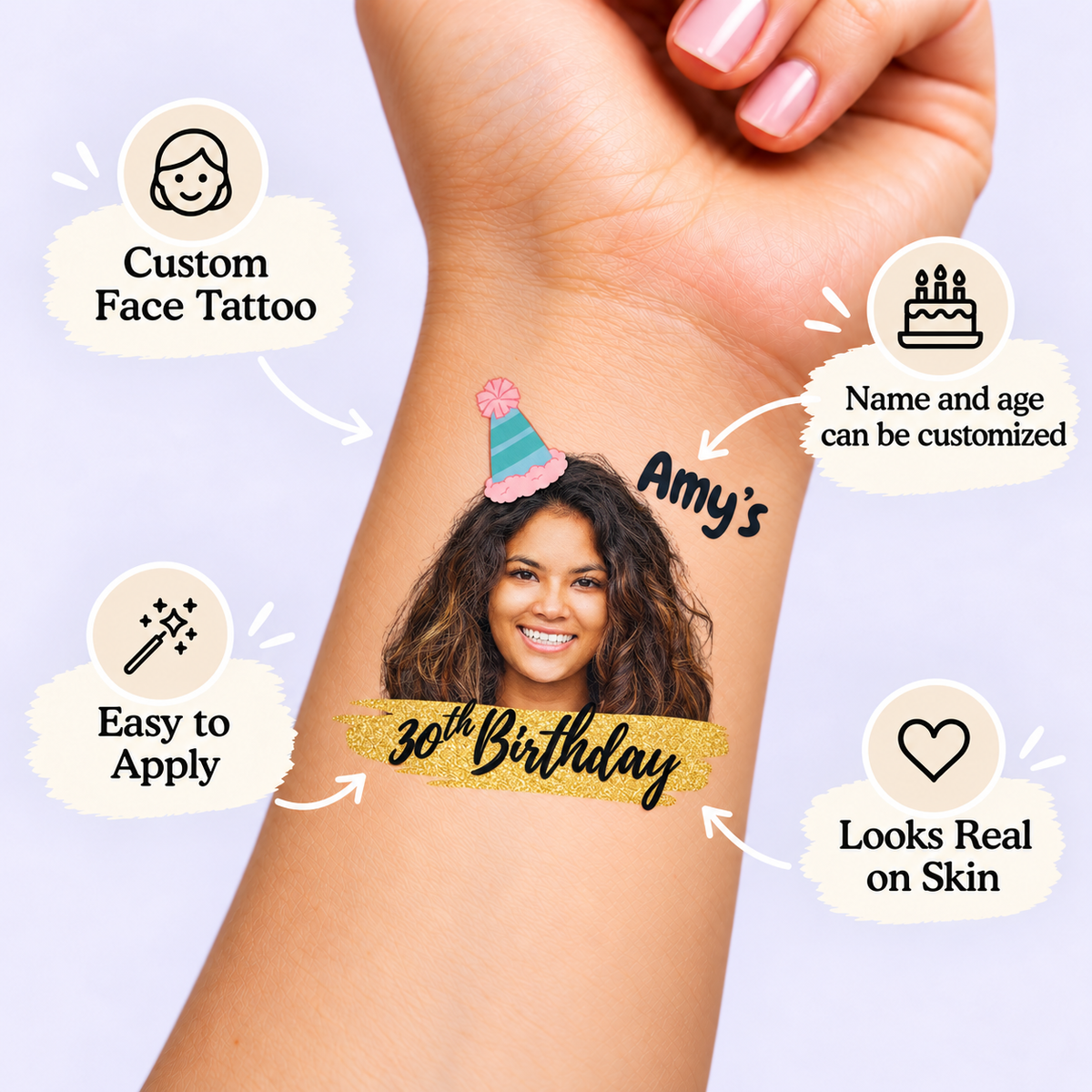 Teal Pom-Pom Hat & Gold Sparkle temporary tattoo personalization guide: custom face tattoo; name and age can be customized. Easy to apply.